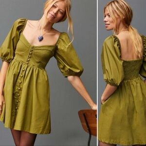 Maeve by Anthropologie green puff sleeve button mini dress smocked back size L